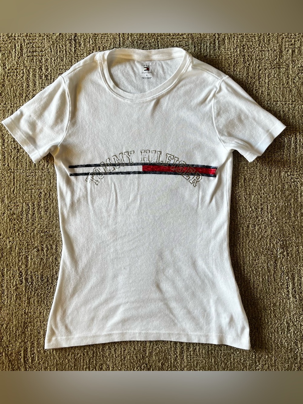 Y2K Tommy Hilfiger White baby Tee with Navy and Red Stripe